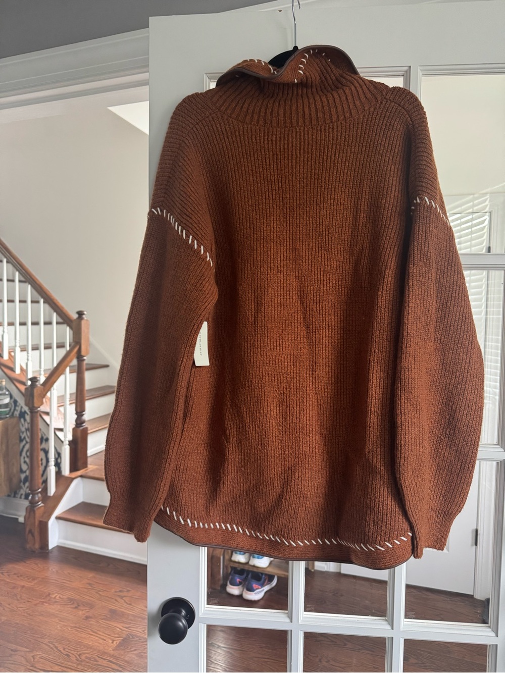 NWT Anthropologie Maeve Faux Leather Trim Whipstitch Cardigan Sweater - Picture 7 of 8